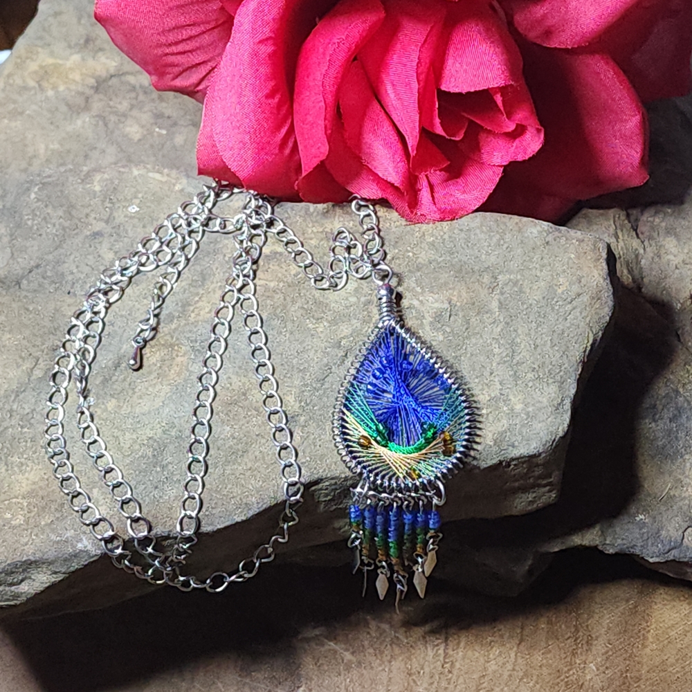 Long Boho Necklace With Tear Drop Woven Dangle Pendant